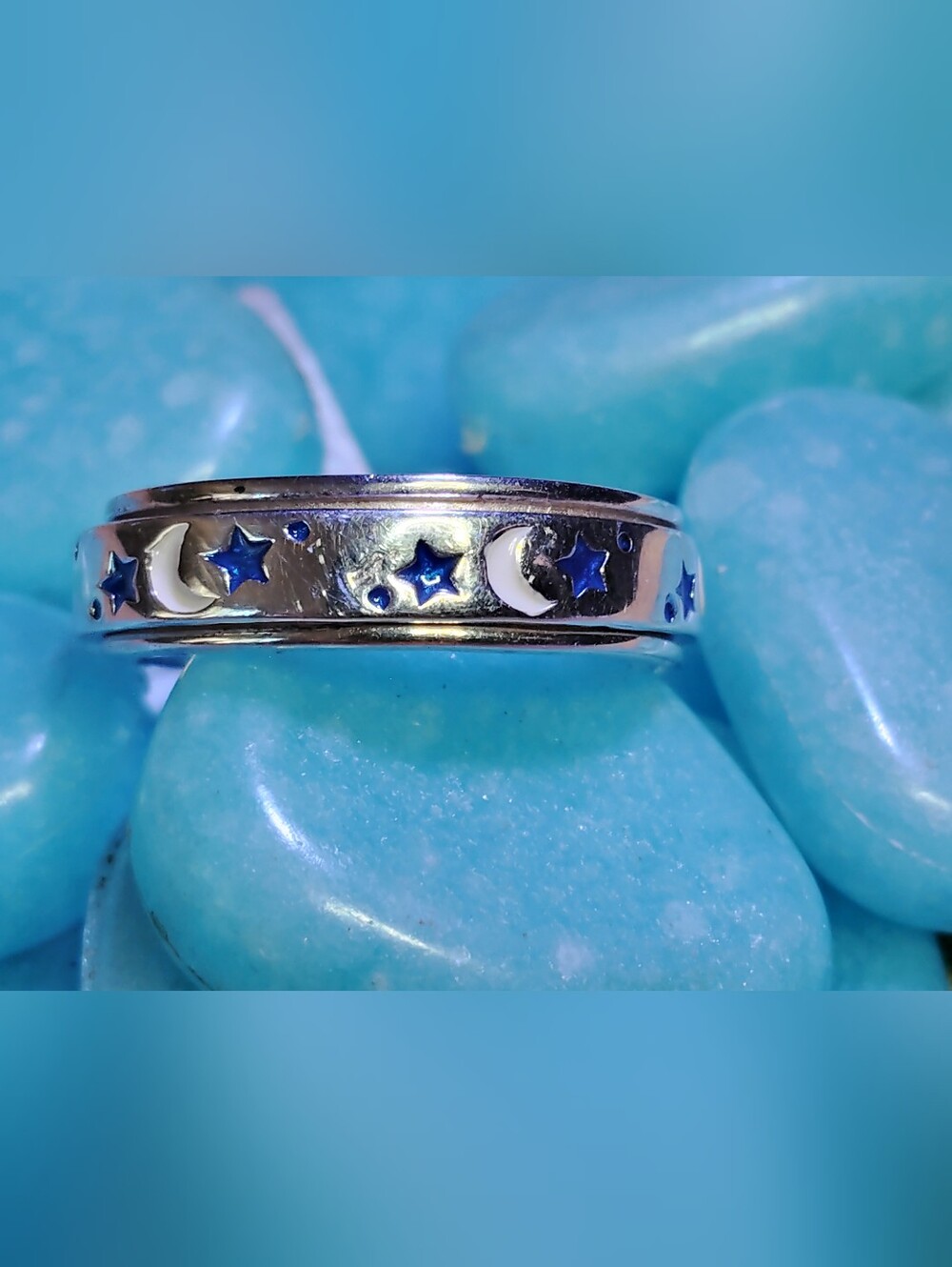 STERLING SILVER CELESTIAL, MOON & STARS "SPINNER"- BAND RING. SIZE 6